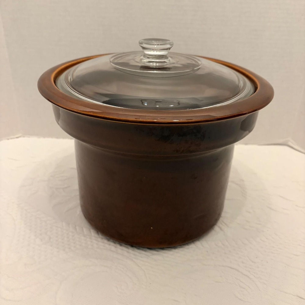 Vintage Brown Stoneware Slow Cooker Replacement Crock Insert Glass Lid 4-5qt